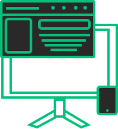 Ícone mostrando uma tela de computador com abas de navegadores abertas e um celular logo abaixo. Ícone feito com linhas simples na cor verde.